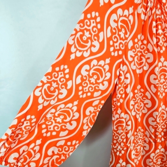 crown & ivy Orange & White 3/4 Sleeve Drawstring Waist Dress Size 4 - Picture 5 of 8